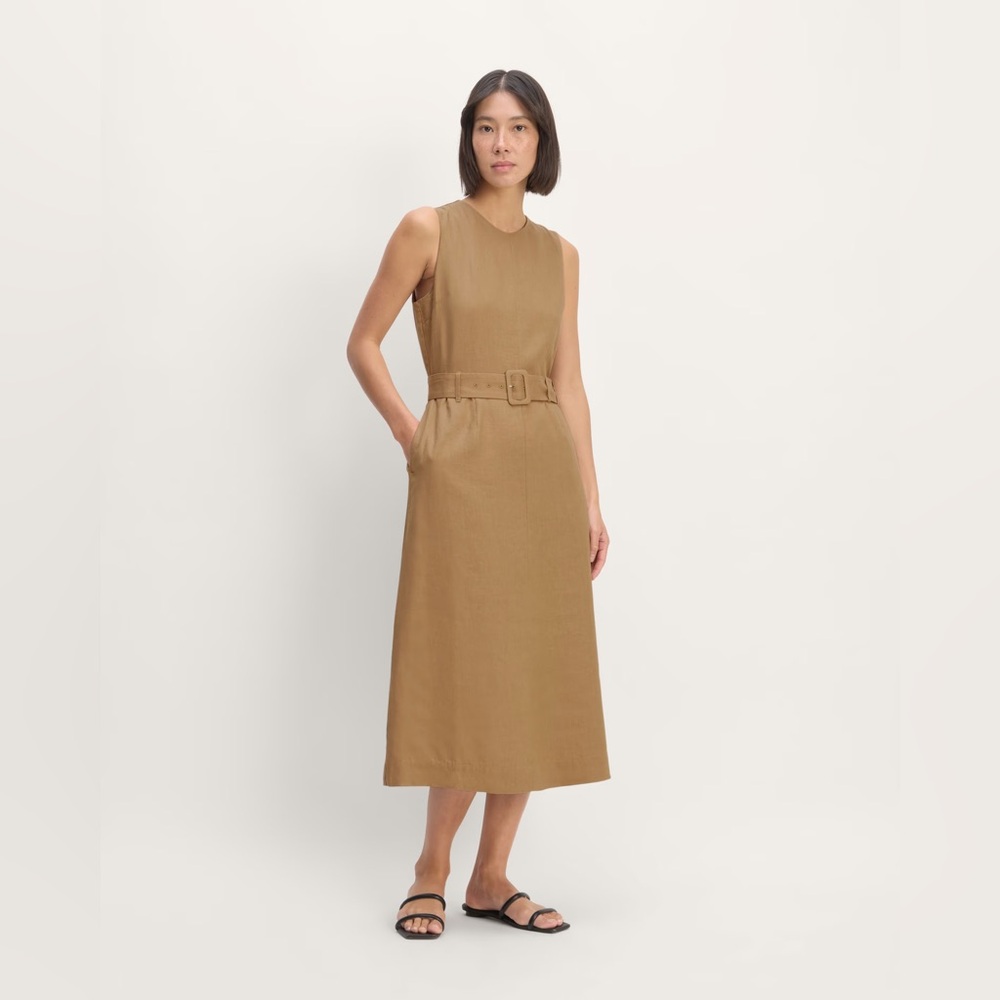 NWT Everlane Linen Belted Midi Dress in Brown, Size 10